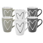 6er Set Tassen Herz | Kaffeebecher mit Herzmotiv | grau weiß beige | 250 ml | Keramik