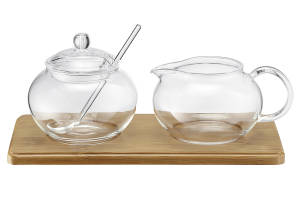 Zucker-/Sahne Set Glas mit Bambus Tablett